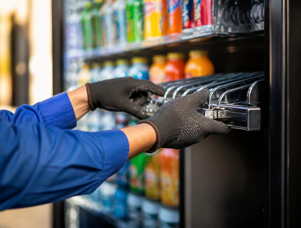 A School House Vending technician restocking the beverage rack inside a machine